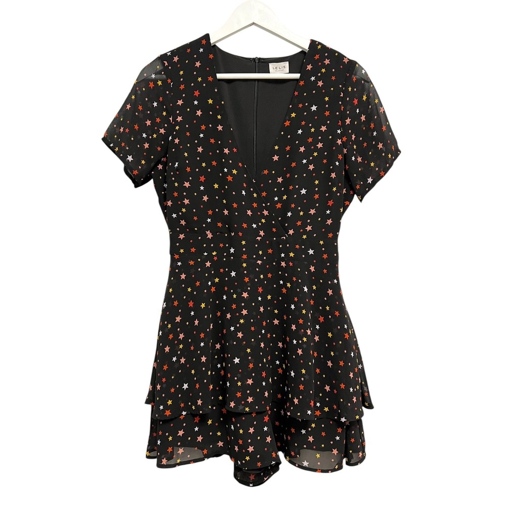 Le Lis‎ Star Print Romper Womens Small Black Tiered Ruffle Celestial Whimsigoth